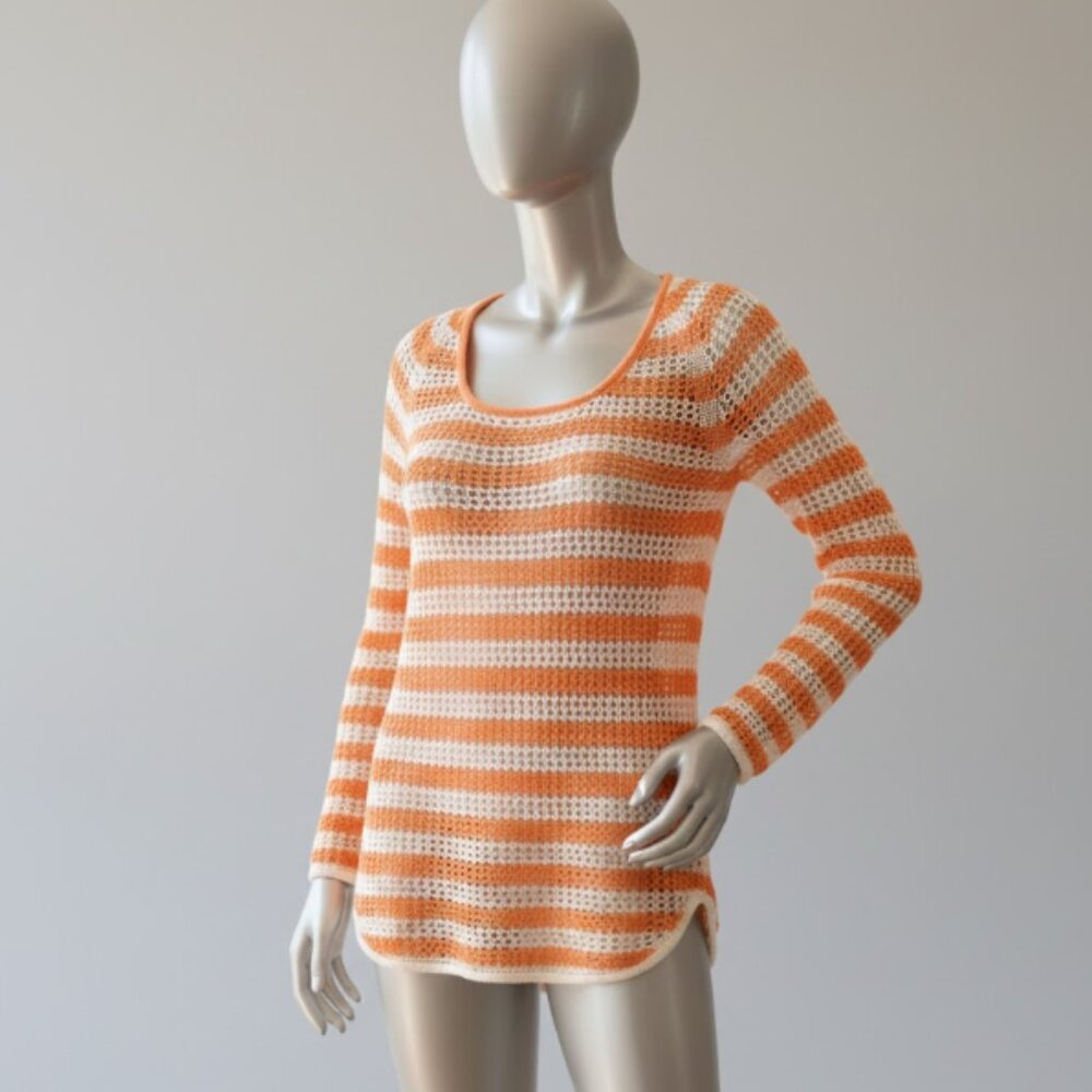 Jessica Simpson orange and white striped fishnet  knit crochet sweater Sz M
